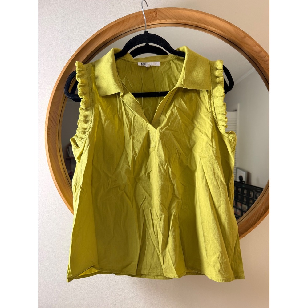 DR2 Sleeveless Top Women Size M Lime Green Excellent‎ Ruffle Trim Polo V-Neck